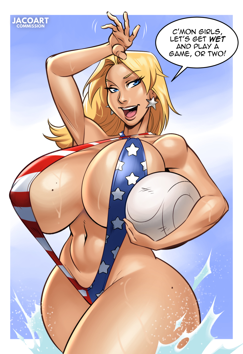 1girl absurdres american_flag american_flag_print american_flag_swimsuit artist_name blonde_hair blue_eyes breasts dead_or_alive earrings english_text flag_print highres huge_breasts jacogramc jewelry long_hair navel open_mouth slingshot_swimsuit solo speech_bubble star_(symbol) star_earrings swimsuit teeth tina_armstrong upper_teeth_only