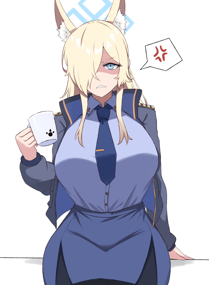 1girl absurdres anger_vein angry animal_ear_fluff animal_ears black_jacket blonde_hair blue_archive blue_eyes blue_halo blue_jacket blue_necktie blue_shirt blue_skirt collared_shirt cowboy_shot cup fox_ears fox_girl hair_over_one_eye halo hand_up highres holding holding_cup jacket kanna_(blue_archive) long_hair long_sleeves looking_at_viewer mug necktie one_eye_covered open_clothes open_jacket shaded_face sharp_teeth shirt side_slit sidelocks simple_background sitting skirt solo speech_bubble spoken_anger_vein teeth tented_shirt two-sided_fabric two-sided_jacket white_background wuwusan