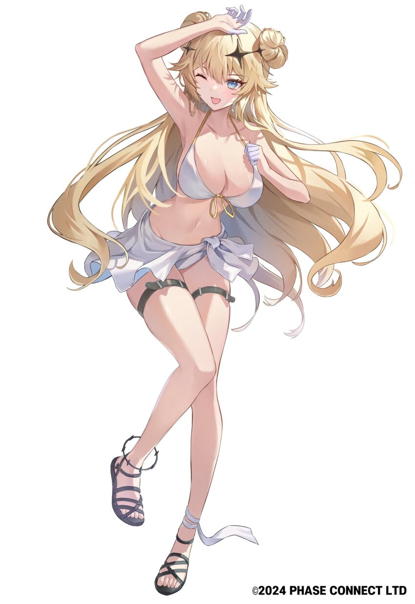 1girl belt bikini black_belt black_footwear blue_eyes breasts cleavage collarbone copyright_notice double_bun full_body greenapple hair_bun hair_ornament hand_up highres kaneko_lumi large_breasts long_hair navel one_eye_closed open_mouth phase_connect sandals sarong solo swimsuit thigh_belt thigh_strap virtual_youtuber white_bikini white_sarong