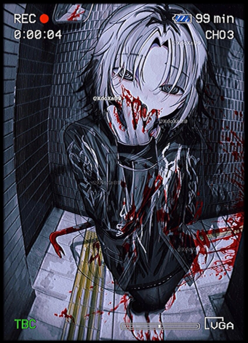 1girl black_hair black_jacket black_pants black_shirt blood blood_on_clothes blood_on_face blood_on_gloves blood_on_ground blood_on_hands blood_on_wall blood_splatter bloody_weapon character_request crowbar curtained_hair fisheye grey_eyes grey_hair highres holding holding_crowbar holding_weapon jacket licking licking_blood licking_hand long_sleeves looking_at_viewer multicolored_hair open_clothes open_jacket original pants recording shirt short_hair solo standing streaked_hair tactile_paving weapon xdoxa89