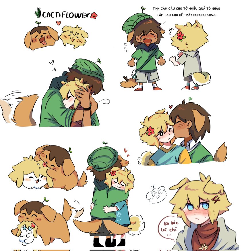 2boys alternate_costume animal_ears animalization basil_(faraway)_(omori) basil_(omori) beanie black_eyes blonde_hair blue_eyes bright_pupils brown_hair closed_eyes corrupted_twitter_file crying dark-skinned_male dark_skin dog_boy dog_ears dog_tail fang flower green_hat green_socks grey_hoodie grey_shorts hair_flower hair_ornament hat highres hood hoodie kel_(faraway)_(omori) kel_(omori) kemonomimi_mode male_focus multiple_boys ni12345670 omori one_eye_closed open_mouth red_footwear shoes short_hair short_sleeves shorts simple_background sneakers socks tail thought_bubble translation_request vietnamese_text white_background white_pupils white_socks