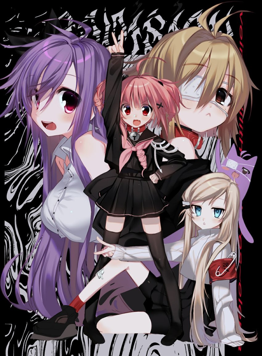 4girls :&lt; :d ahoge antenna_hair bad_source bandaid bell black_legwear black_serafuku blue_eyes blunt_bangs breasts brown_eyes clothes_pin collar collared_shirt ear_piercing eyepatch full_body hair_between_eyes hair_bobbles hair_intakes hair_ornament hairclip highres intestine_hair knee_up large_breasts light_brown_hair lilith_(unxi) lilith_cat_(unxi) mole mole_under_eye multiple_girls neck_bell open_mouth original parted_hair piercing pink_eyes pink_hair platinum_blonde_hair purple_hair red_eyes red_legwear school_uniform serafuku shirt sitting smile twintails unxi v veinte x_hair_ornament