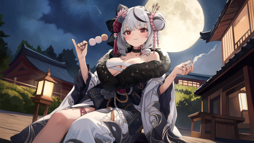 bow chest_sarashi commentary_request dango food grey_hair hair_bow hair_bun highres hololive japanese_clothes kimono moon multicolored_hair paid_reward red_eyes sakamata_chloe sakamata_chloe_(new_year) sarashi virtual_youtuber wagashi