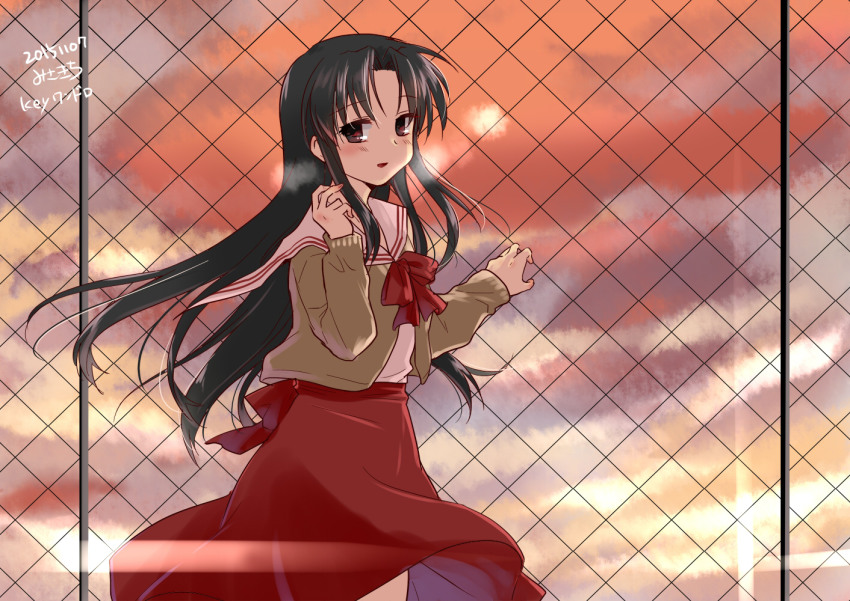 00s 1girl black_hair brown_eyes chain-link_fence female_focus fence kawana_misaki long_hair misaki_juri one_-_kagayaku_kisetsu_e school_uniform solo