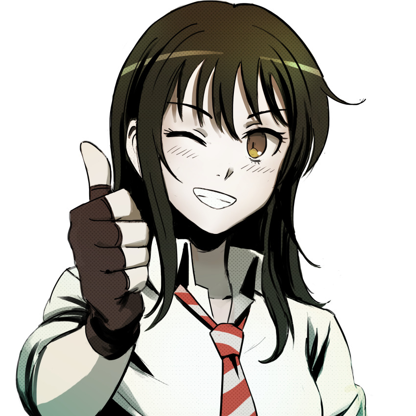 1girl absurdres black_hair brown_eyes commission coppelion fingerless_gloves gloves grin highres long_hair looking_at_viewer naruse_ibara necktie one_eye_closed qosic red_necktie school_uniform second-party_source shirt sleeves_rolled_up smile solo striped_necktie thumbs_up transparent_background upper_body white_shirt