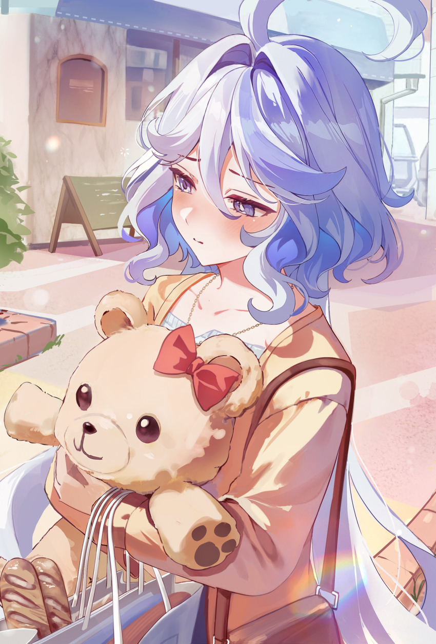 1girl absurdres ahoge alternate_costume baguette blue_eyes blue_hair bow bread casual colored_inner_hair commentary dasha food furina_(genshin_impact) genshin_impact hair_intakes highres holding holding_stuffed_toy jacket long_hair long_sleeves multicolored_hair red_bow solo stuffed_animal stuffed_toy teddy_bear very_long_hair white_hair