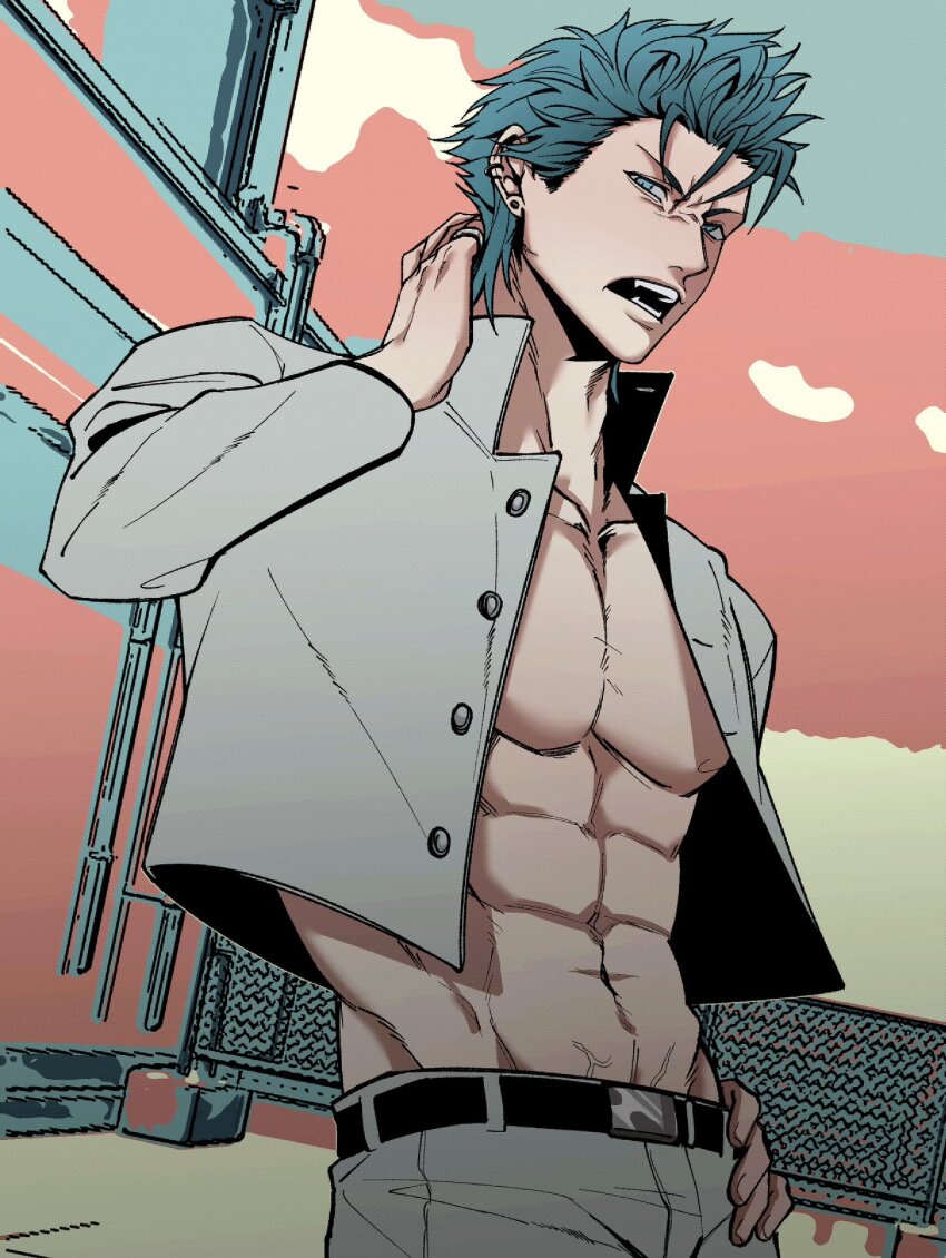 1boy abs arm_up bare_pectorals belt belt_buckle black_belt bleach blue_eyes blue_hair buckle buttons commentary_request cowboy_shot cropped_jacket grey_pants grimmjow_jaegerjaquez groin hand_on_own_hip hand_on_own_neck highres jacket long_sleeves looking_to_the_side male_focus muscular muscular_male navel open_clothes open_jacket open_mouth pants pectorals r0111en short_hair solo teeth