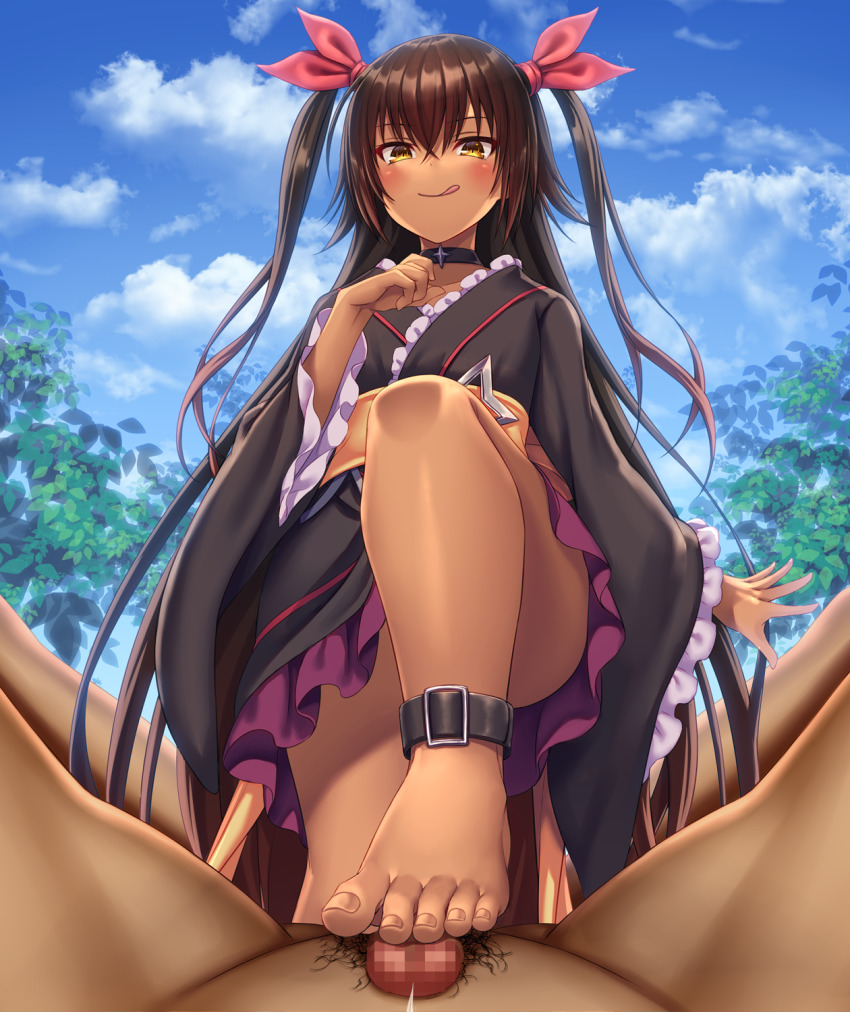 1boy 1girl asisuki barefoot black_hair blush censored choker cloud cum dark-skinned_female dark_skin ejaculation feet femdom footjob from_below hair_ribbon highres long_hair master_nemesis nude penis pov pubic_hair red_ribbon ribbon sky smile spread_legs to_love-ru to_love-ru_darkness toes tongue tongue_out two_side_up yellow_eyes