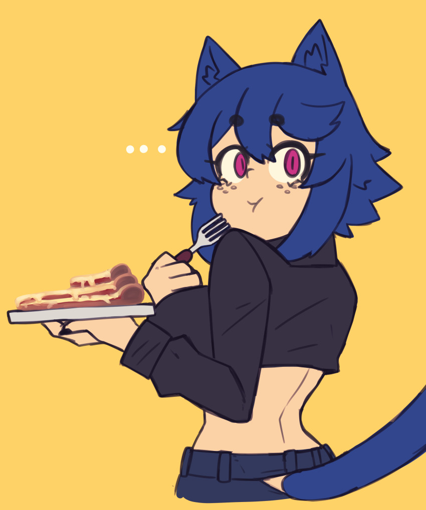 absurdres animal_ears blue_hair cat_ears cat_girl cat_tail crop_top cropped_jacket doce eating food fork highres holding holding_fork jacket looking_at_viewer midriff open_clothes open_jacket original pie purple_eyes tail xiao_(doce)