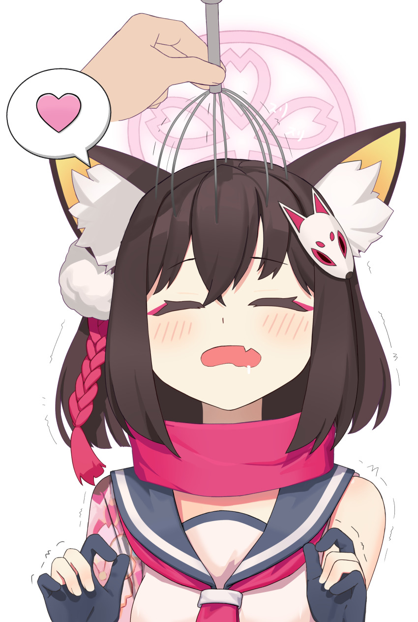 1girl absurdres animal_ear_fluff animal_ears blue_archive brown_hair closed_eyes eyeshadow fang fox_ears fox_girl gloves hair_ornament halo heart highres izuna_(blue_archive) kkami15 makeup massager neckerchief partially_fingerless_gloves pink_eyeshadow pink_neckerchief pink_scarf pom_pom_(clothes) pom_pom_hair_ornament saliva scarf school_uniform serafuku short_hair skin_fang spoken_heart trembling white_serafuku