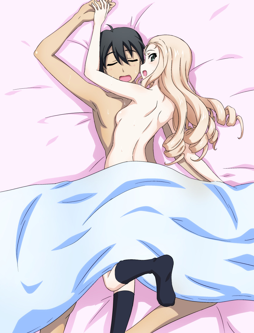 1boy 1girl absurdres bed crossover girls_und_panzer girls_und_panzer_saishuushou highres itou_makoto key_(gaigaigai123) marie_(girls_und_panzer) on_bed school_days school_days_hq school_days_lxh sweat under_covers