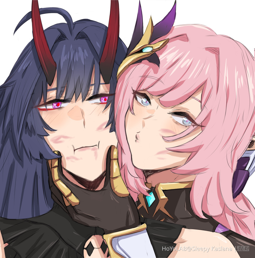 2girls :i absurdres ahoge bare_shoulders blue_hair commentary elysia_(honkai_impact) english_commentary hair_intakes hair_ornament highres honkai_(series) honkai_impact_3rd horns lipstick_mark lipstick_mark_on_face long_hair multiple_girls o3o pink_hair portrait purple_eyes raiden_mei simple_background sleepy_kaslana white_background yuri