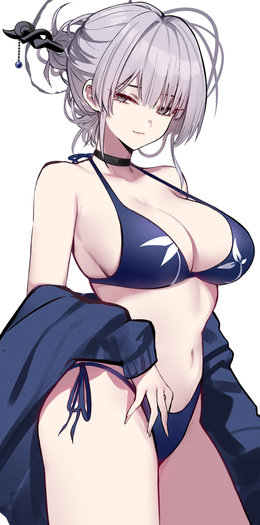 1girl bare_shoulders bikini blue_bikini breasts closed_mouth grey_eyes grey_hair hair_ornament hair_stick highres itokonoue_kaoru large_breasts long_sleeves navel project_kv shigure_s simple_background smile solo stomach swimsuit thighs white_background