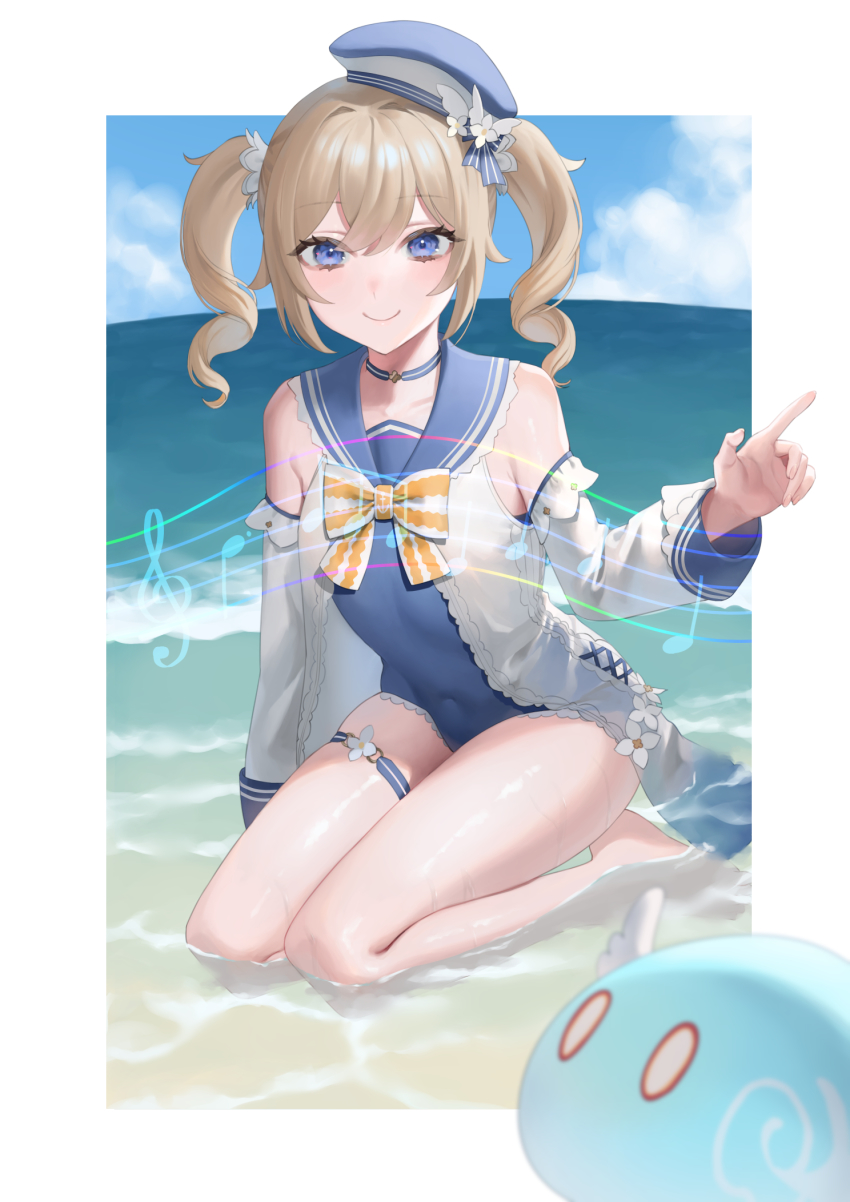 1girl arm_up arms_behind_back bad_id bad_pixiv_id barbara_(genshin_impact) barbara_(summertime_sparkle)_(genshin_impact) beach blob blonde_hair blue_eyes blue_one-piece_swimsuit blue_sky blush choker collarbone commentary commentary_request day detached_sleeves drill_hair english_commentary genshin_impact gluteal_fold hair_between_eyes hair_ornament hat highres long_hair long_sleeves looking_at_viewer musical_note ocean official_alternate_costume okazaki_sato one-piece_swimsuit outdoors sailor_collar sidelocks sitting sky slime_(genshin_impact) solo swimsuit twin_drills twintails water waves yokozuwari