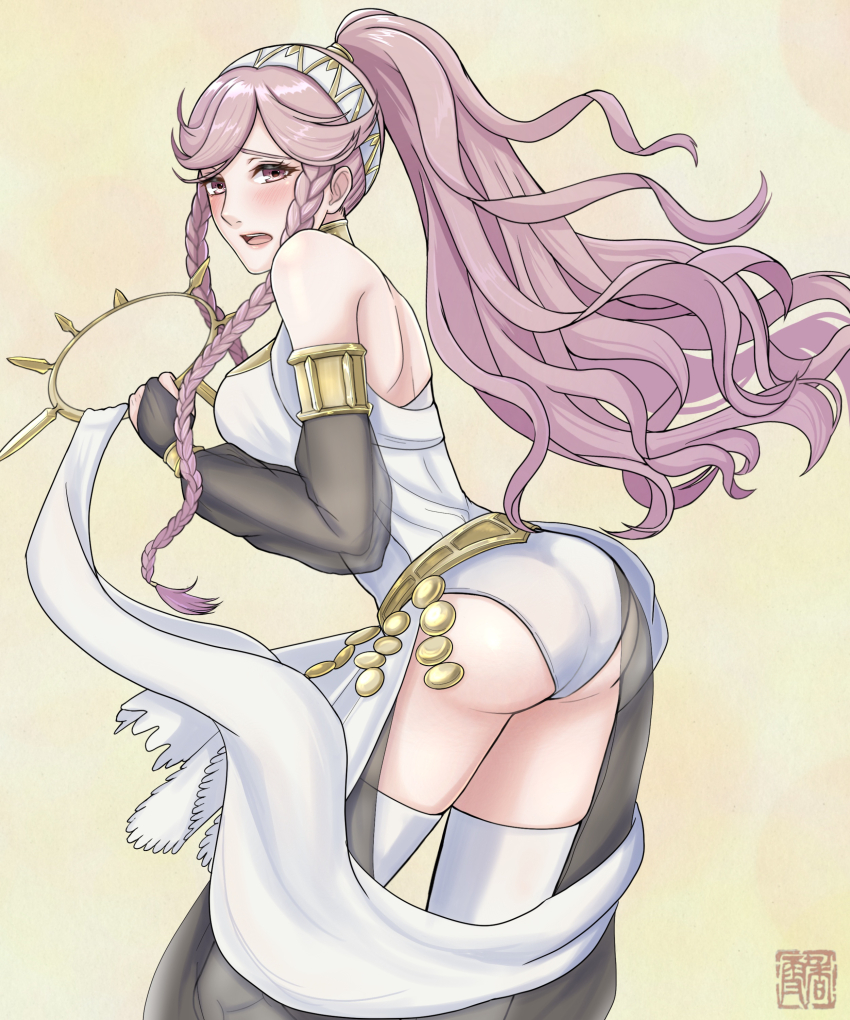 1girl ass ass_focus bare_shoulders blush braid breasts bridal_gauntlets embarrassed fire_emblem from_behind hairband kousetsu large_breasts leaning leaning_forward long_hair looking_at_viewer nintendo olivia_(fire_emblem) open_mouth pink_eyes pink_hair ponytail shawl sideboob solo thighhighs very_long_hair