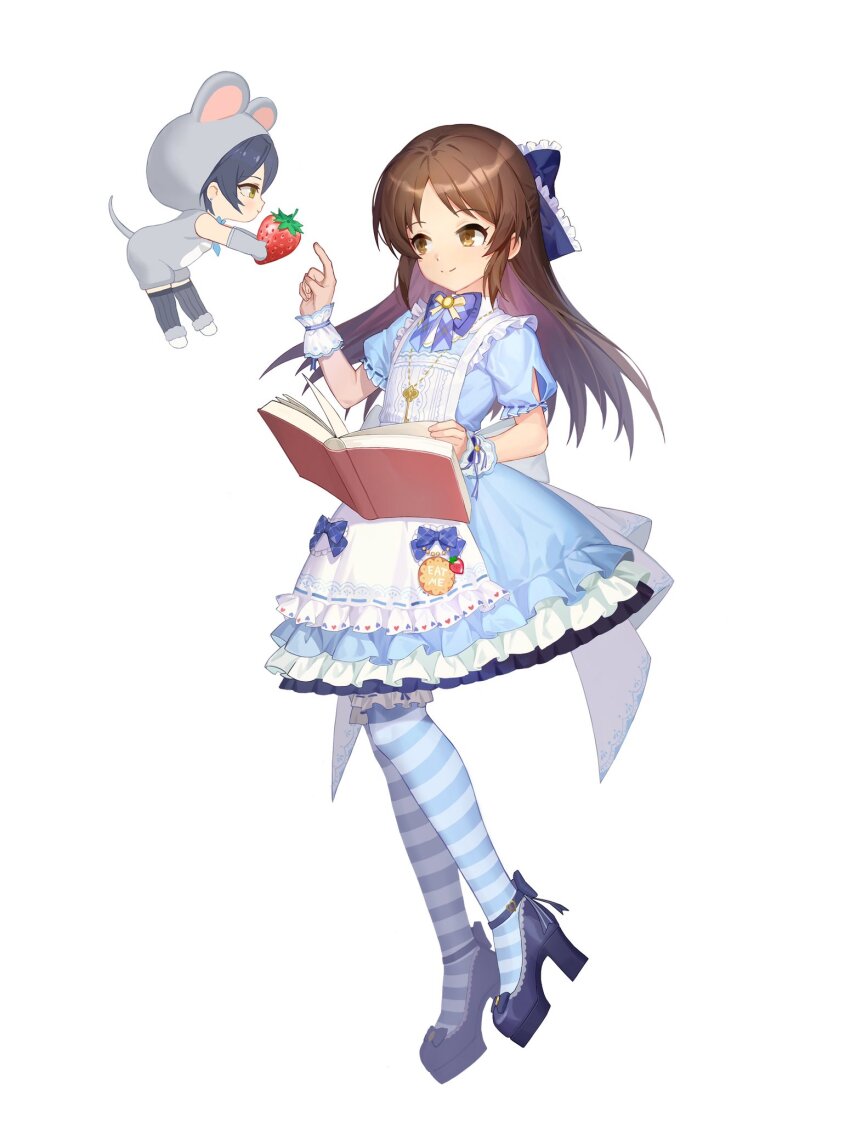 2girls alice_(alice_in_wonderland) alice_(alice_in_wonderland)_(cosplay) alice_in_wonderland ankle_strap black_thighhighs blue_bow blue_dress blue_footwear blue_pantyhose book bow brown_eyes brown_hair closed_mouth commentary cosplay dress food fruit full_body hair_bow hayami_kanade high_heels highres hood hood_up idolmaster idolmaster_cinderella_girls long_hair multiple_girls open_book pantyhose pumps simple_background strawberry striped_clothes striped_pantyhose symbol-only_commentary tachibana_arisu thighhighs white_background white_wrist_cuffs wrist_cuffs yannn yellow_eyes