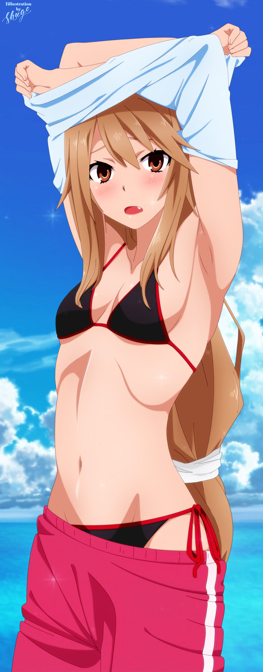 1girl absurdres armpits arms_up benjoerres bikini black_bikini brown_eyes brown_hair clothes_pull cloud day derivative_work fang highres huge_filesize long_hair looking_at_viewer ocean ookami-san ookami_ryouko open_mouth shorts shorts_pull solo swimsuit undressing