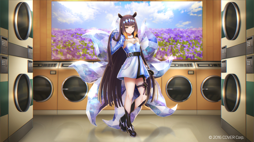 1girl ahri_(league_of_legends) ahri_(league_of_legends)_(cosplay) black_footwear black_hair blue_eyes blunt_bangs breasts cosplay fox_tail gradient_hair highres hololive hololive_english indoors k/da_(league_of_legends) k/da_ahri long_hair looking_at_viewer multicolored_hair multiple_tails ninomae_ina&#039;nis orange_hair pointy_ears purple_hair re_(re_09) shoes sidelocks small_breasts solo tail teeth tentacle_hair virtual_youtuber washing_machine