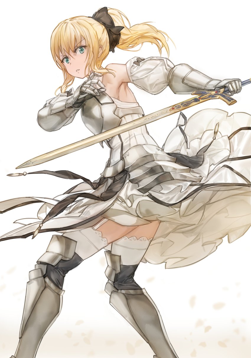 1girl absurdres armor armored_boots armored_dress artoria_pendragon_(fate) bare_shoulders black_bow blonde_hair boots bow caliburn_(fate) detached_sleeves dress eyelashes fate/stay_night fate/unlimited_codes fate_(series) faulds female_focus free_style_(yohan1754) from_behind garter_straps gauntlets green_eyes hair_bow high_heel_boots high_heels highres holding holding_sword holding_weapon legs_apart long_hair looking_at_viewer parted_lips profile projected_inset puffy_sleeves saber_(fate) saber_lily short_dress solo standing sword thighhighs weapon white_background white_dress white_thighhighs