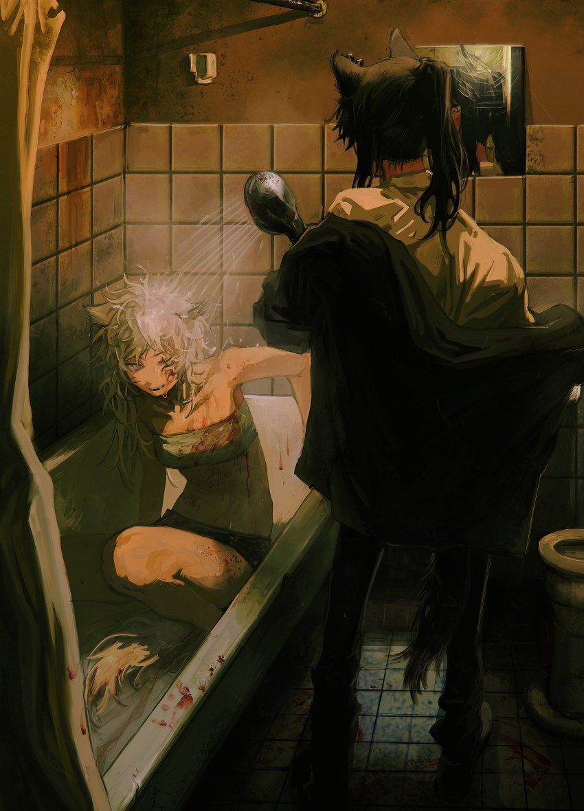 2girls absurdres animal_ear_fluff animal_ears arknights bathroom bathtub black_jacket blood blood_on_clothes blood_on_face blood_stain deatiose hair_between_eyes hair_ornament highres jacket lappland_(arknights) long_hair long_sleeves mirror multiple_girls ponytail scar scar_across_eye scar_on_face shorts shower_head silver_hair texas_(arknights) toilet wolf_ears yellow_eyes