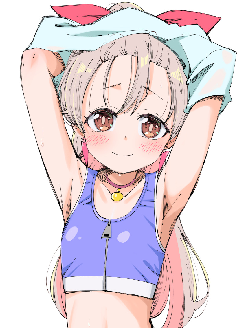 1girl absurdres armpits arms_up bikini blush bow brown_eyes choker collarbone commentary flat_chest grey_hat hair_bow hat highres long_hair looking_at_viewer midriff onii-chan_wa_oshimai! oyama_mahiro pink_choker ponytail red_bow simple_background smile solo straight-on swimsuit u_illustrator undressing upper_body white_background zipper_pull_tab