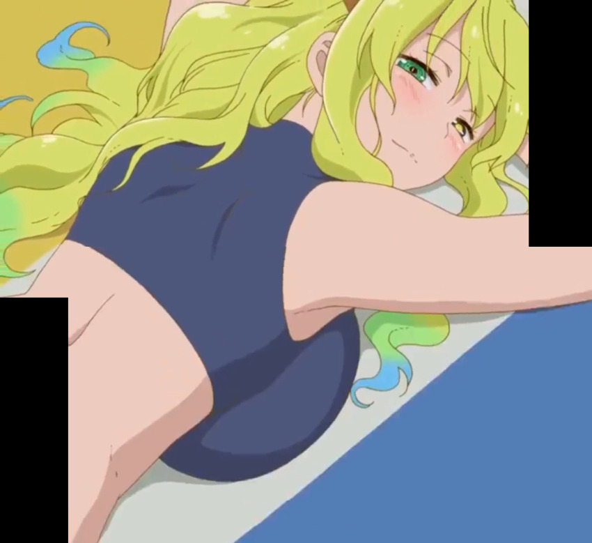 anime_screenshot beach blonde_hair blush kobayashi-san_chi_no_maidragon lucoa_(maidragon) lying smile solo third-party_edit towel