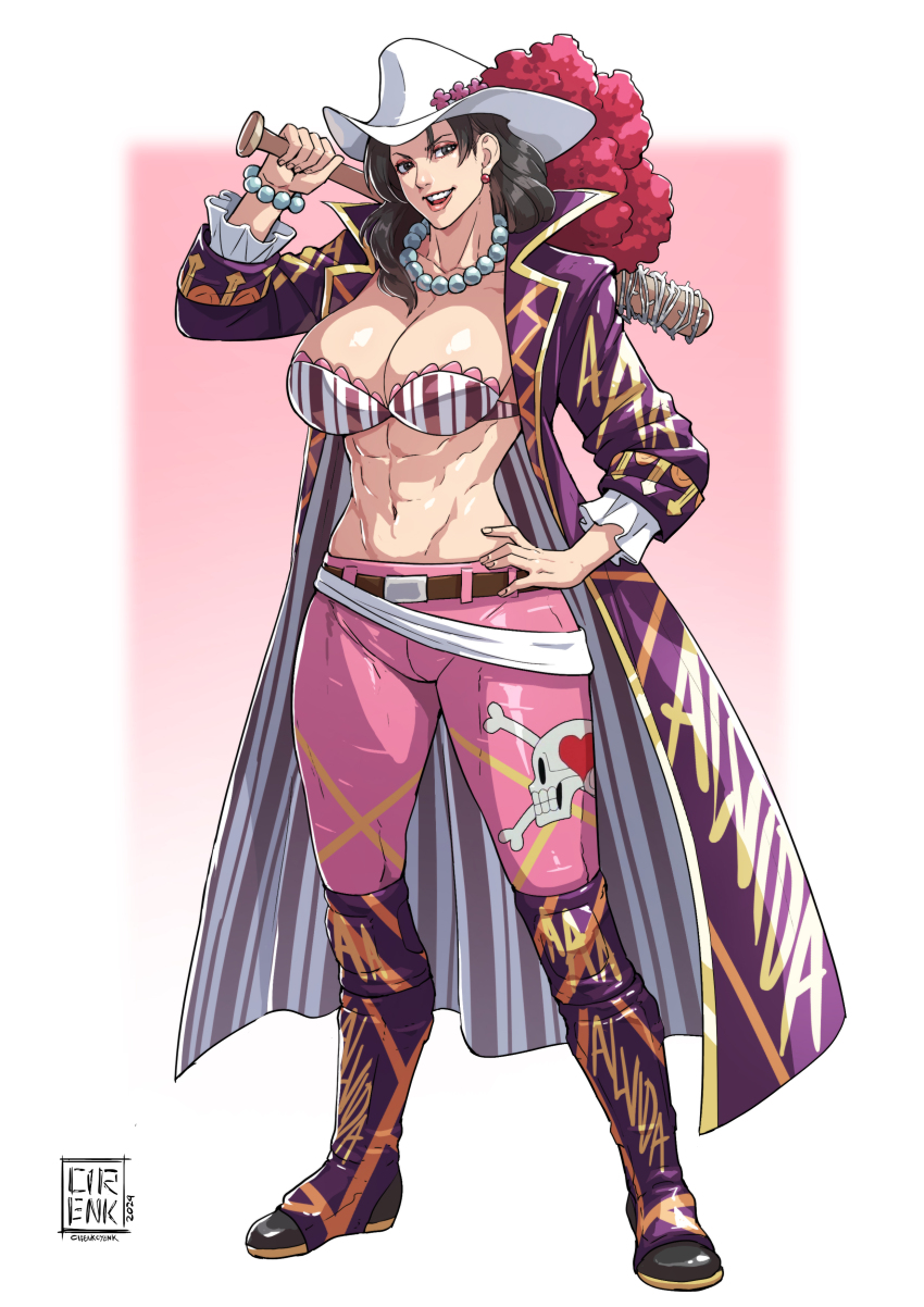 1girl abs absurdres alvida_(one_piece) belt black_hair boots breasts cirenk cleavage club_(weapon) collared_coat commission full_body hand_on_own_hip hat_feather highres holding holding_weapon jewelry long_hair looking_at_viewer muscular muscular_female one_piece panties pants pantyshot pink_pants print_pants purple_footwear skull_print smile solo underwear weapon white_hair