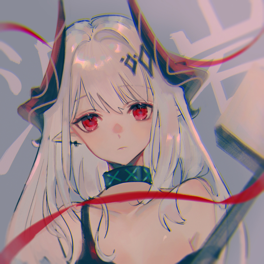 1girl animal_ears arknights black_bra black_collar black_gloves bra collar commentary_request demon_horns ear_piercing fuyuumikou gloves hair_ornament head_tilt highres horns infection_monitor_(arknights) long_hair looking_at_viewer mudrock_(arknights) open_mouth piercing pointy_ears red_eyes solo sports_bra strap_slip underwear upper_body weapon white_hair