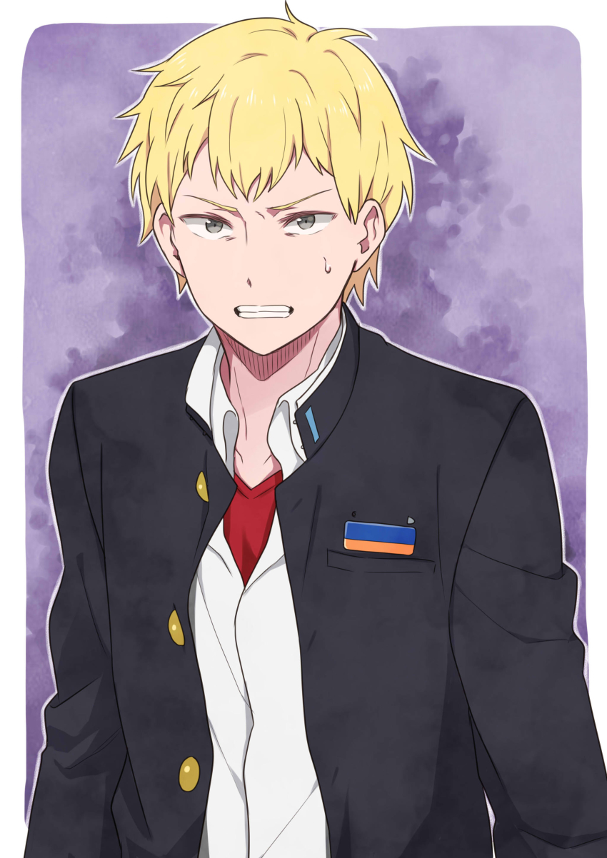 1boy 631 absurdres blonde_hair collared_shirt corpse_party frown gakuran grey_eyes grimace highres kishinuma_yoshiki male_focus school_uniform shirt short_hair solo sweat teeth unbuttoned v-neck v-shaped_eyebrows