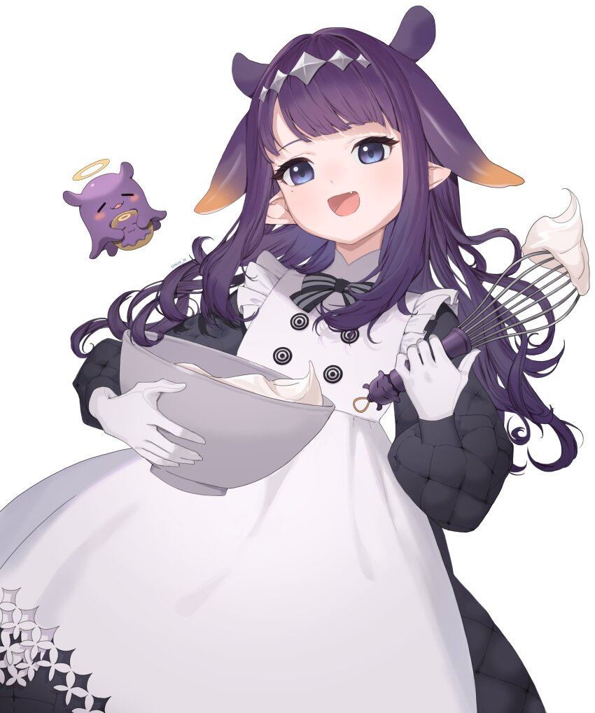 1girl absurdres apron batter black_bow black_bowtie black_dress blue_eyes blunt_bangs bow bowl bowtie buttons commentary curly_hair dress english_commentary fang flat_chest frilled_apron frills gloves gradient_hair hair_flaps highres holding holding_bowl holding_whisk hololive hololive_english long_dress long_hair long_sleeves looking_at_viewer mole mole_under_eye multicolored_hair ninomae_ina&#039;nis ninomae_ina&#039;nis_(pastry_chef) official_alternate_costume official_alternate_hairstyle ogye_01 open_mouth orange_hair pointy_ears puffy_long_sleeves puffy_sleeves purple_hair quilted_clothes sidelocks simple_background solo straight_hair takodachi_(ninomae_ina&#039;nis) tentacle_hair virtual_youtuber whisk white_apron white_background white_gloves