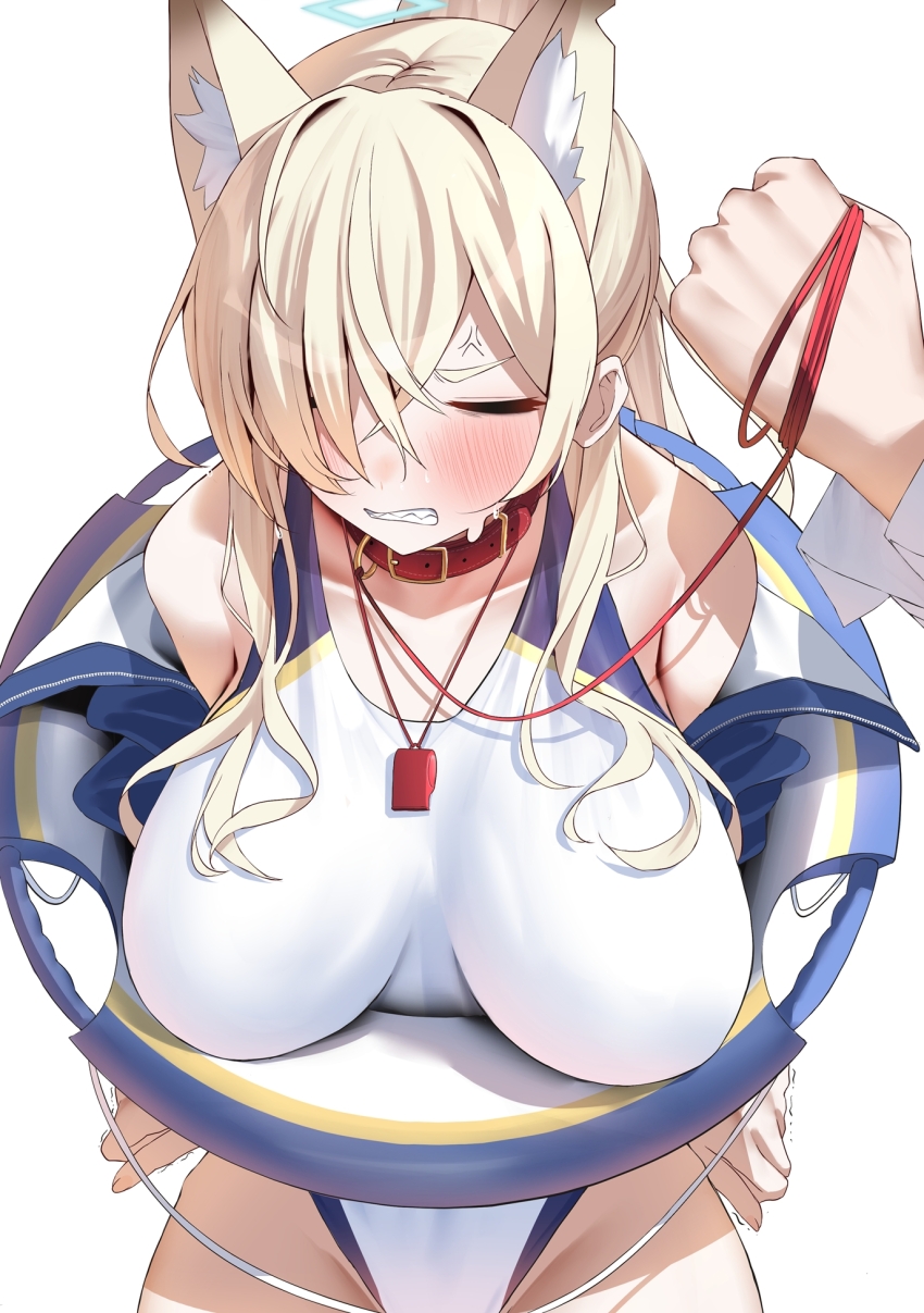 1girl 1other anger_vein animal_collar animal_ear_fluff animal_ears blonde_hair blue_archive blue_halo blush clenched_teeth closed_eyes collar competition_swimsuit dog_ears extra_ears groin hair_over_one_eye halo highres kanna_(blue_archive) kanna_(swimsuit)_(blue_archive) lifebuoy long_hair nidaime_(doronbo) official_alternate_costume one-piece_swimsuit simple_background solo_focus swim_ring swimsuit teeth whistle whistle_around_neck white_background white_one-piece_swimsuit