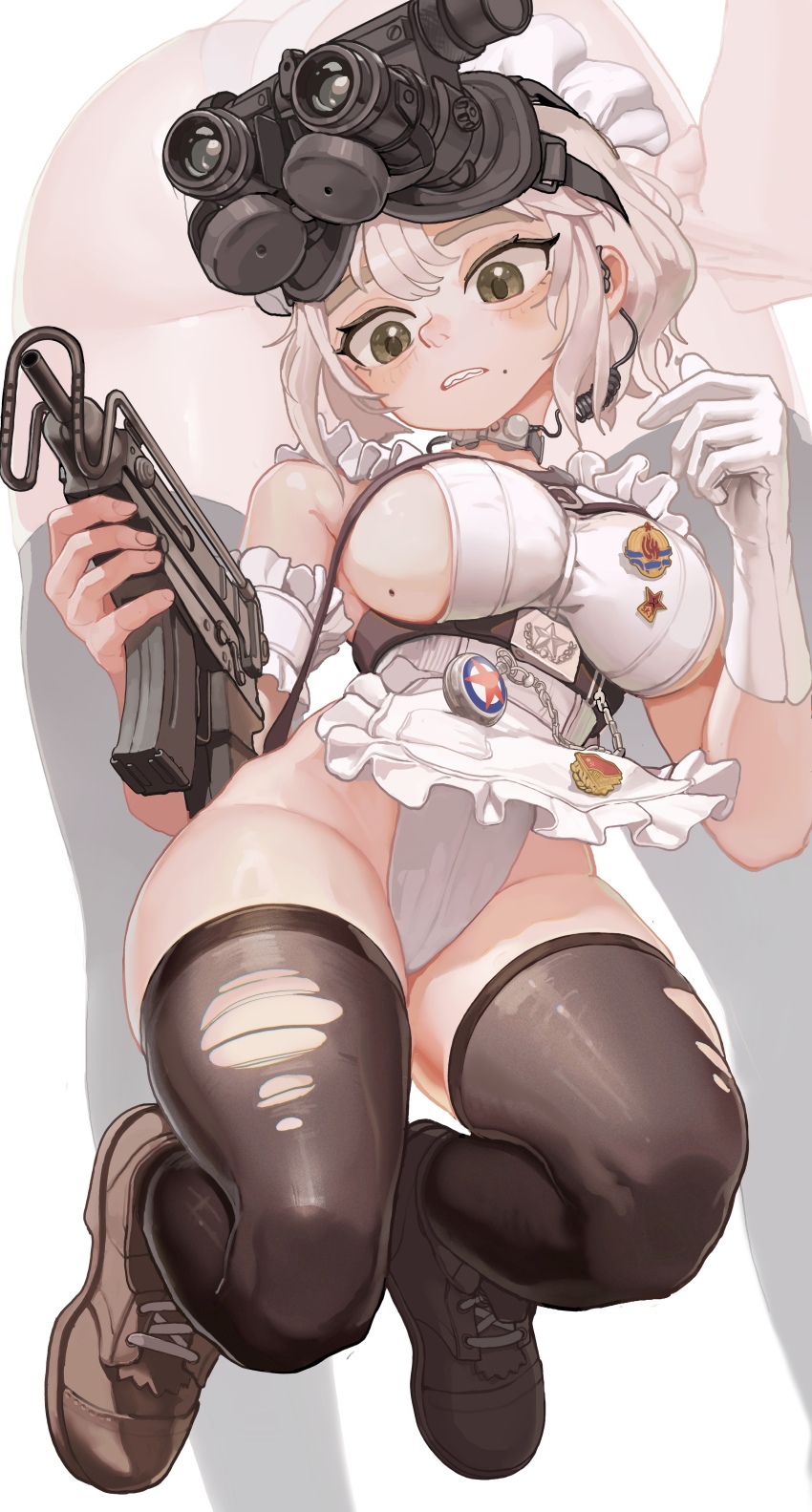 1girl absurdres apron badge black_thighhighs boots breasts brown_footwear button_badge elbow_gloves gloves gun highres holding holding_gun holding_weapon lapel_pin maid maid_apron military mole mole_on_breast mole_under_mouth night_vision night_vision_device original personal_defense_weapon rifleman1130 short_hair sideboob single_glove skorpion_vz._61 solo submachine_gun thick_eyebrows thighhighs torn_clothes torn_thighhighs weapon white_hair