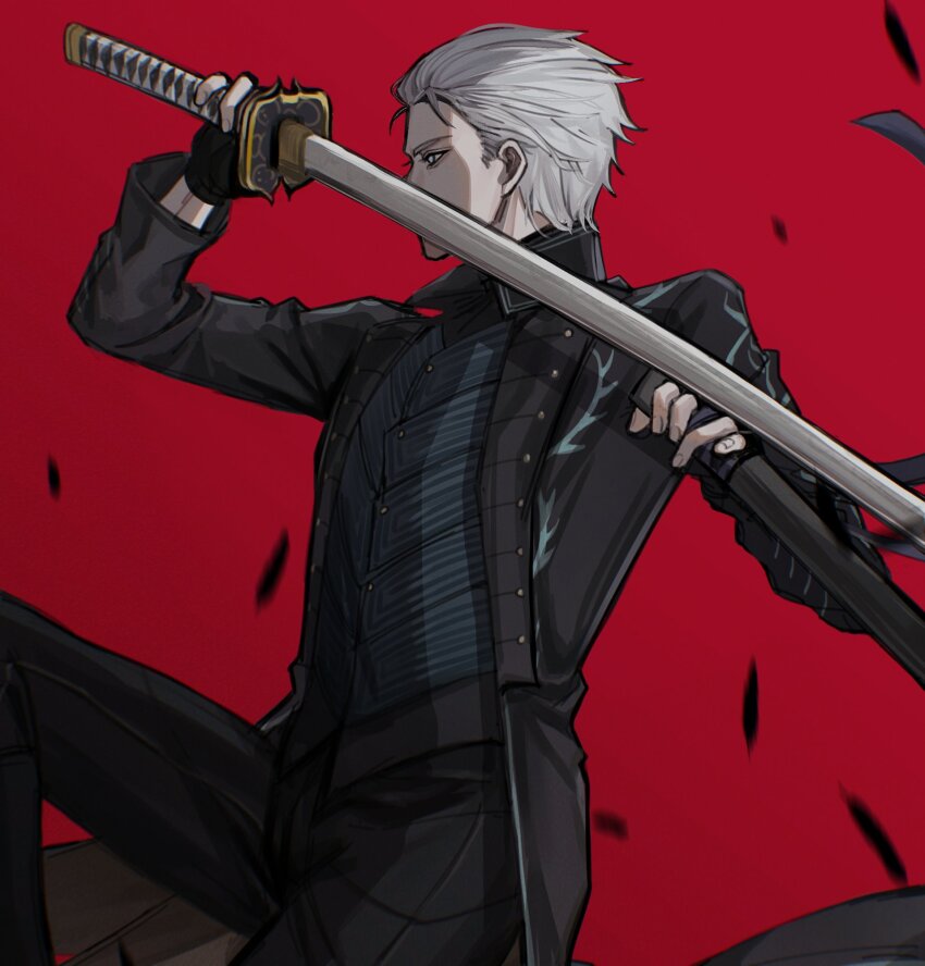 1boy black_feathers black_gloves black_jacket black_pants black_shirt black_vest devil_may_cry_(series) devil_may_cry_5 drawing_sword falling_feathers feathers fingerless_gloves gloves hair_slicked_back highres holding holding_sword holding_weapon jacket katana male_focus on_one_knee pants qmyyz red_background shirt short_hair solo sword upper_body vergil_(devil_may_cry) vest weapon white_hair