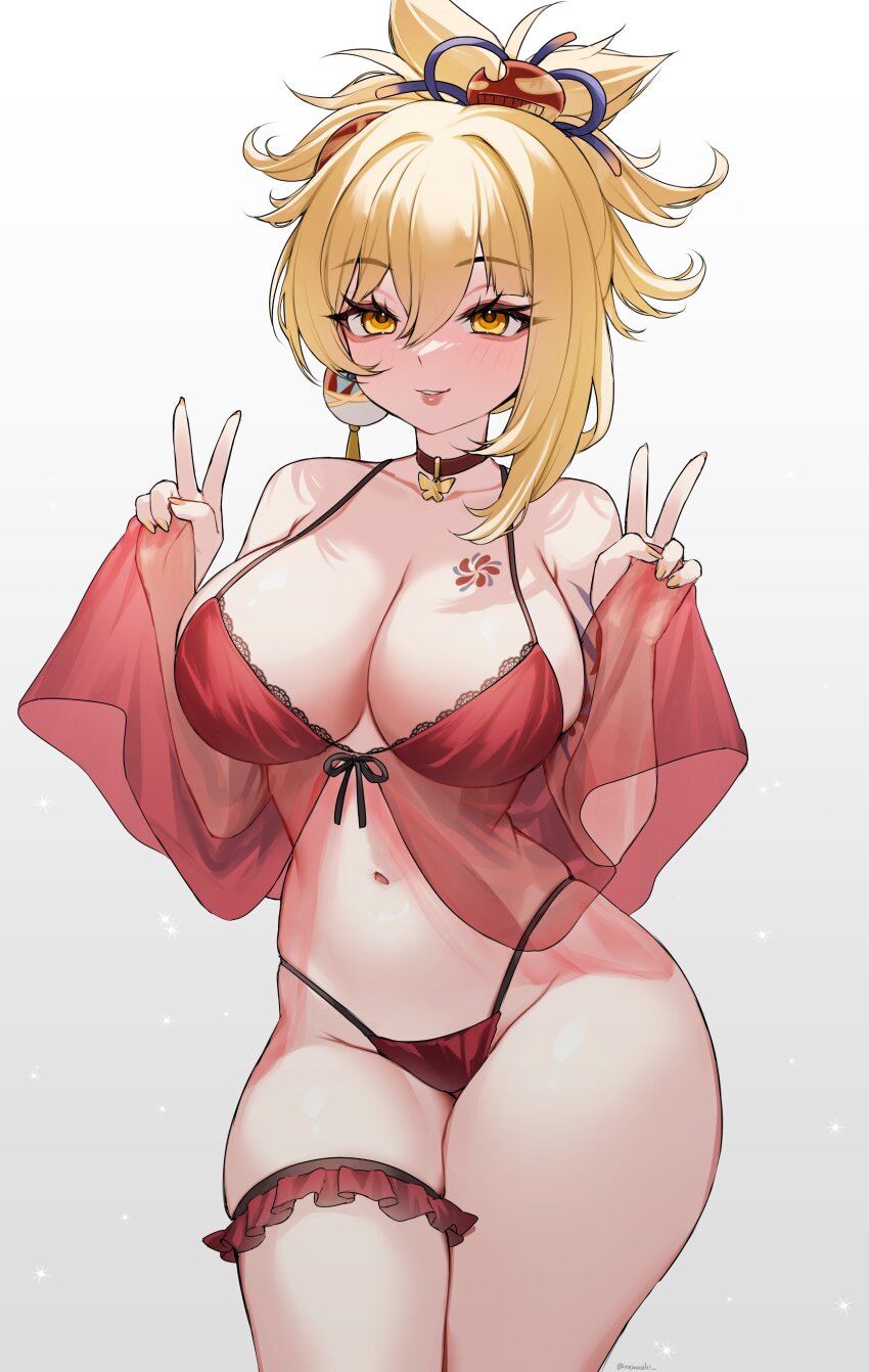 1girl absurdres babydoll blonde_hair breast_tattoo breasts choker curvy double_v genshin_impact hair_ornament highres large_breasts looking_at_viewer navel nemuaki panties red_panties simple_background solo tattoo thigh_strap underwear v white_background yellow_eyes yoimiya_(genshin_impact)