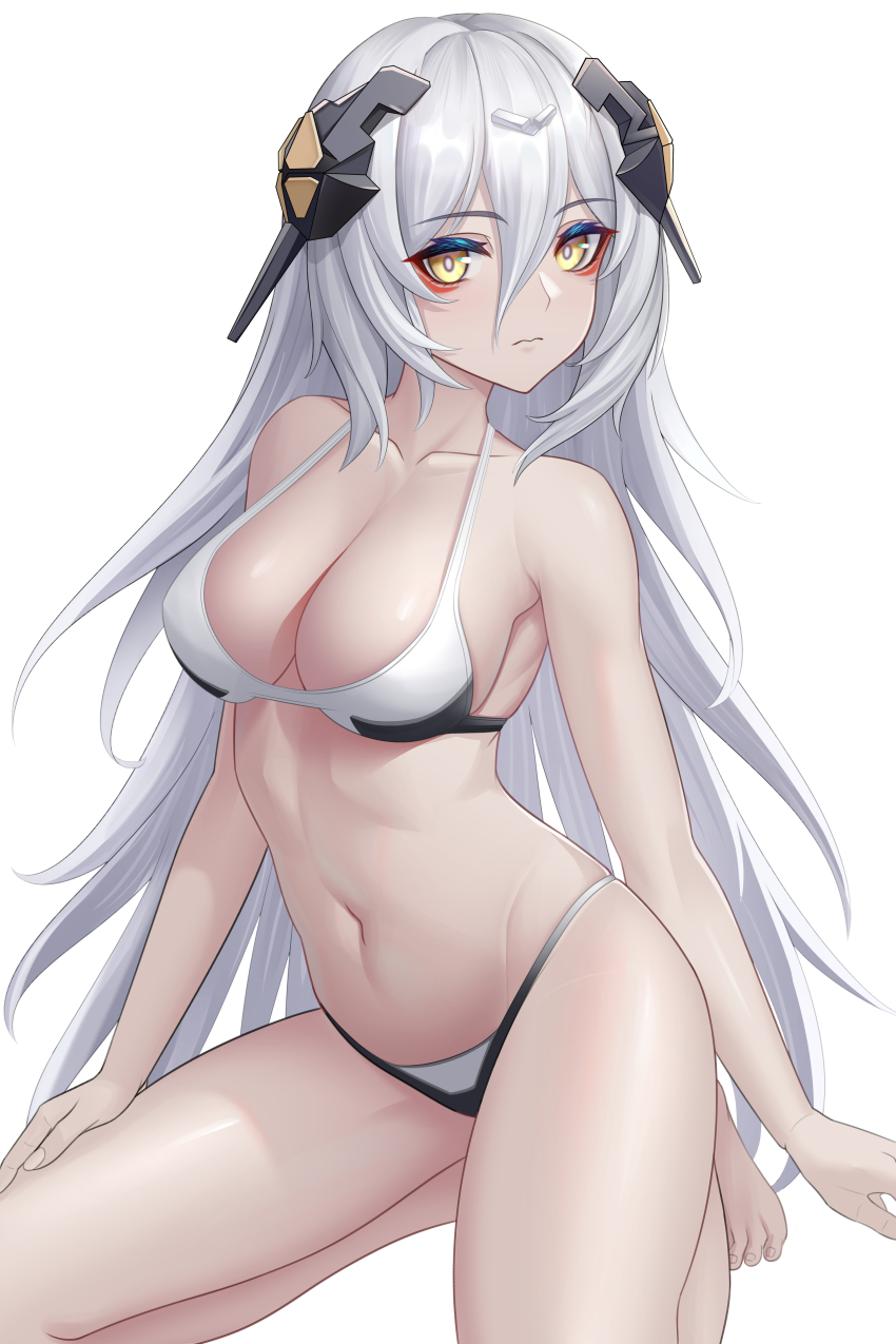 1girl absurdres bikini breasts cleavage collarbone constantine-xii expressionless eyeliner girls&#039;_frontline groin hair_between_eyes headgear highres kneeling medium_breasts navel paradeus red_eyeliner solo swimsuit tareus_(girls&#039;_frontline) white_hair yellow_eyes