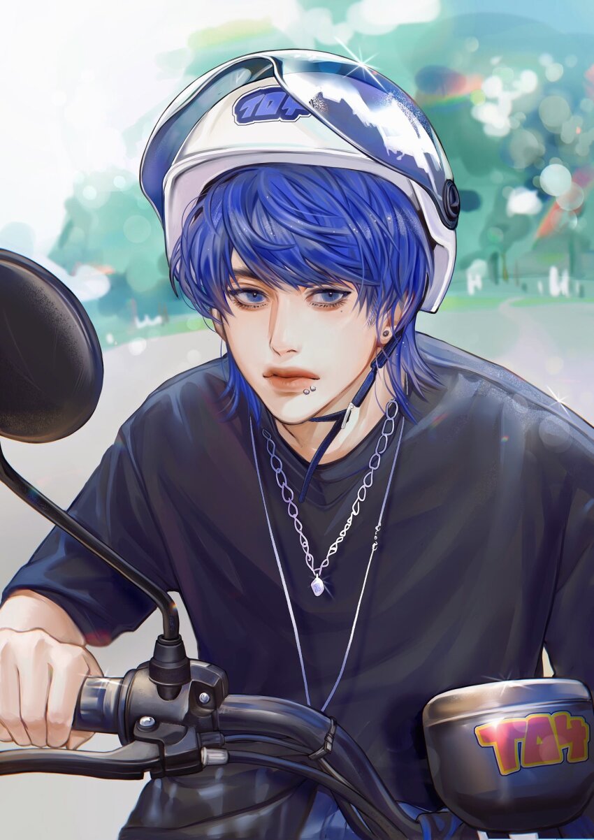 1boy black_shirt blue_eyes blue_hair chain chain_necklace chinese_commentary closed_mouth commentary_request earrings eyeshadow helmet highres jewelry looking_at_viewer makeup male_focus mole mole_under_eye motor_vehicle motorcycle motorcycle_helmet mouth_piercing necklace original shirt short_hair signature simple_background solo sparkle sunlight thick_lips toscana20460423 upper_body