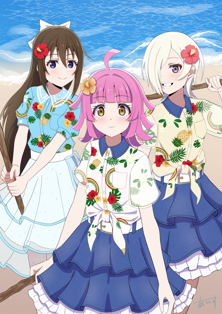 3girls absurdres ahoge beach blue_eyes blue_shirt blue_skirt blunt_bangs blunt_ends blush bow brown_hair closed_mouth collared_shirt commentary_request cowboy_shot dress_shirt floral_print flower frilled_skirt frills grey_hair grin hair_between_eyes hair_bow hair_flower hair_ornament hair_over_one_eye half_updo hawaiian_shirt highres holding holding_stick ice_compass0610 kishimen_hair light_smile long_hair looking_at_viewer love_live! love_live!_nijigasaki_high_school_idol_club medium_hair mia_taylor multiple_girls orange_flower osaka_shizuku outdoors pineapple_print pink_flower pink_hair print_shirt purple_eyes rainbow_print red_flower see-through_skirt_layer shirt short_hair short_sleeves sidelocks skirt smile split_mouth standing stick tennoji_rina tied_shirt white_bow white_shirt white_skirt yellow_eyes yellow_shirt