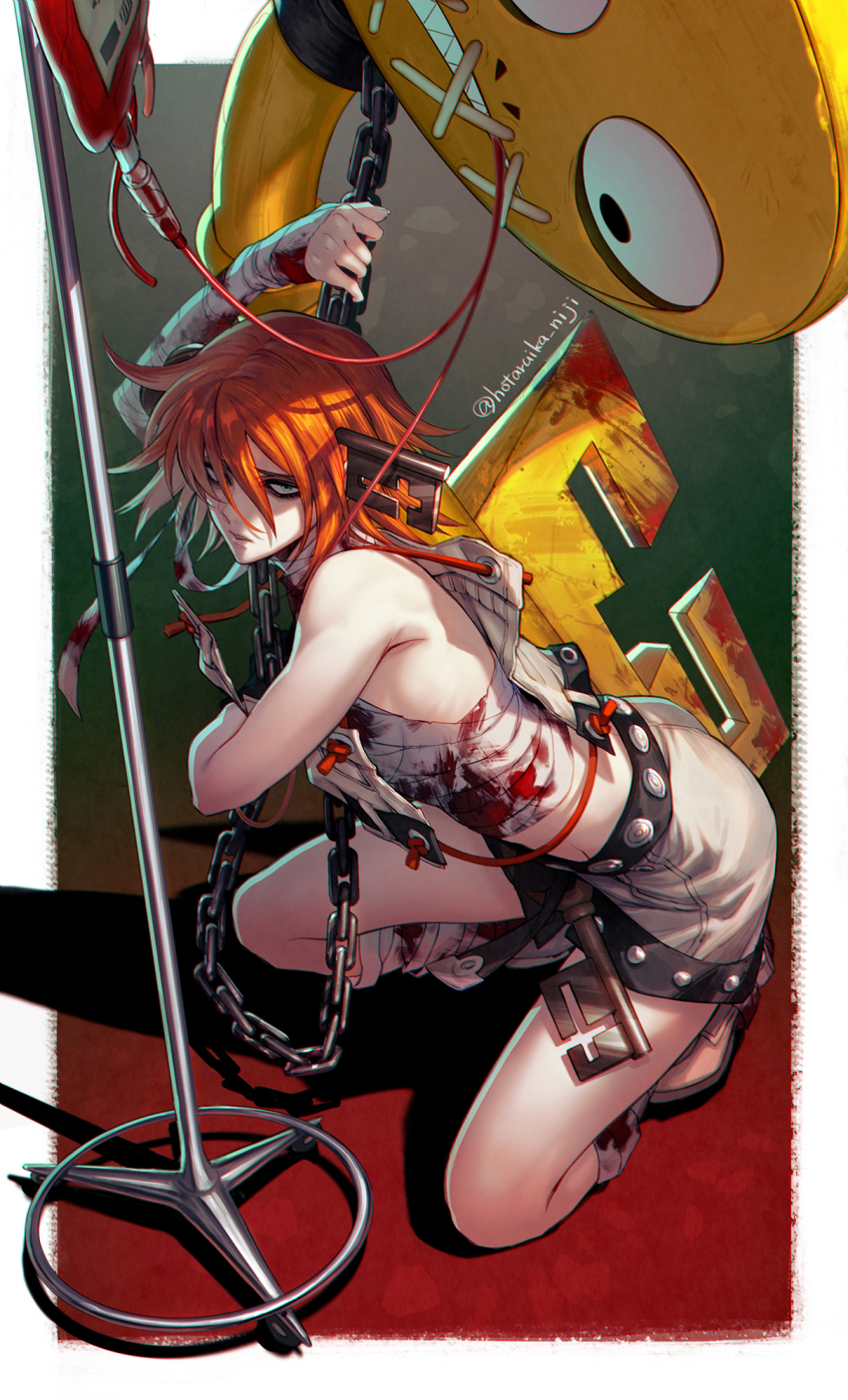 1girl a.b.a artist_name bandaged_arm bandaged_chest bandaged_hand bandaged_leg bandaged_neck bandages bare_shoulders belt black_belt black_gloves blood blood_bag bloody_bandages border chain commentary_request full_body gloves green_eyes grey_footwear grey_shirt grey_skirt guilty_gear hair_over_eyes highres holding holding_chain hotaruika_niji intravenous_drip iv_stand key key_in_head kneeling long_bangs looking_at_another looking_at_viewer medium_hair miniskirt object_through_head paracelsus_(guilty_gear) parted_lips red_hair sharp_teeth shirt shoes single_glove skirt solo stitched_mouth stitches teeth twitter_username wheel white_border wrist_wrap