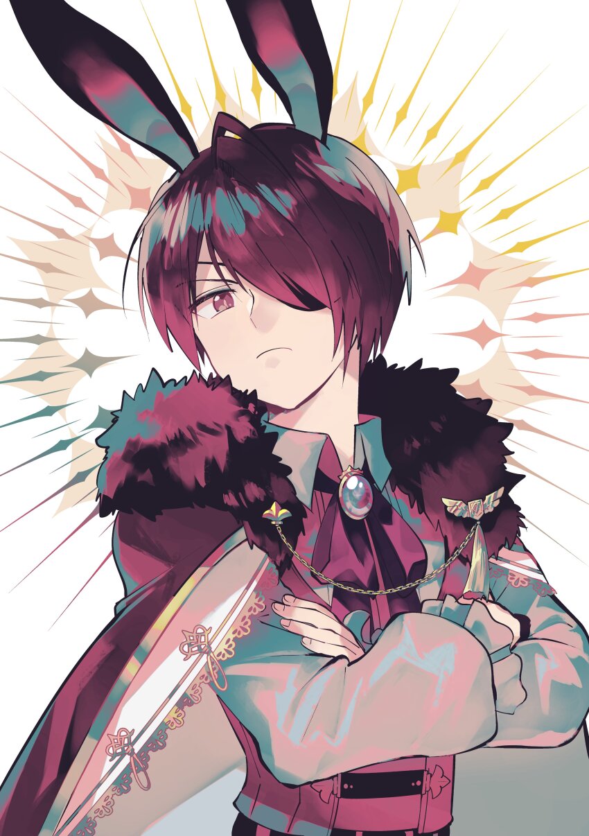 1boy absurdres animal_ears bow bowtie cape closed_mouth collared_shirt commentary_request crossed_arms eyepatch frilled_sleeves frills frown fur_collar gem gold_trim grey_shirt hair_between_eyes hair_over_one_eye highres long_bangs long_sleeves looking_at_viewer male_focus namosuke_(oetwmkekmz) purple_bow purple_bowtie purple_brooch purple_cape purple_eyes purple_gemstone purple_hair rabbit_boy rabbit_ears shirt short_hair solo tales_weaver upper_body white_background