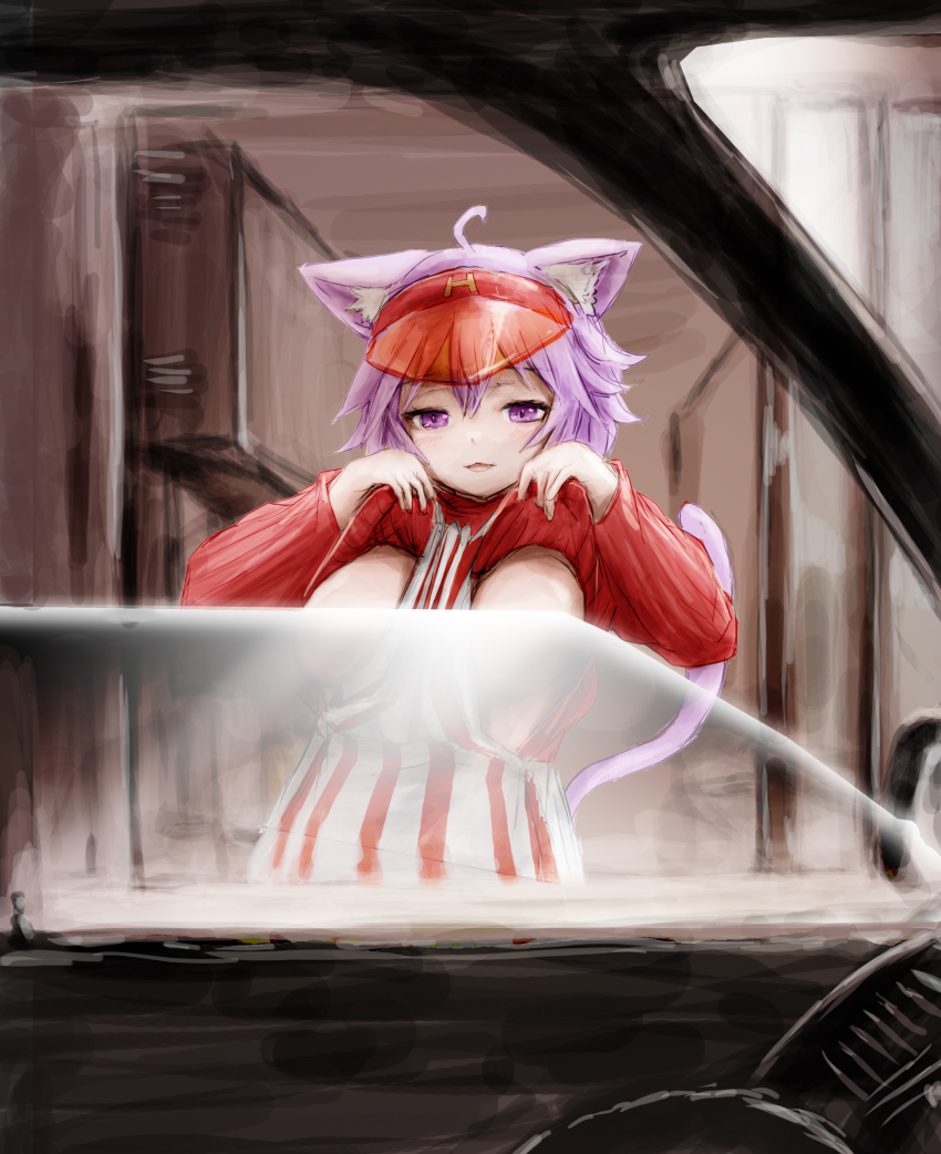 1girl :3 absurdres ahoge alternate_costume animal_ears apron breasts car_interior cat_ears cat_girl cat_tail clothes_lift drive-thru employee_uniform english_text flashing hair_intakes hat highres hololive large_breasts lifting_own_clothes long_sleeves looking_at_viewer medium_hair nekomata_okayu nymph_rhythm pink_eyes purple_hair rear-view_mirror red_apron red_hat red_skirt shirt_lift side-view_mirror skirt striped_apron striped_clothes tail virtual_youtuber visor_cap white_apron