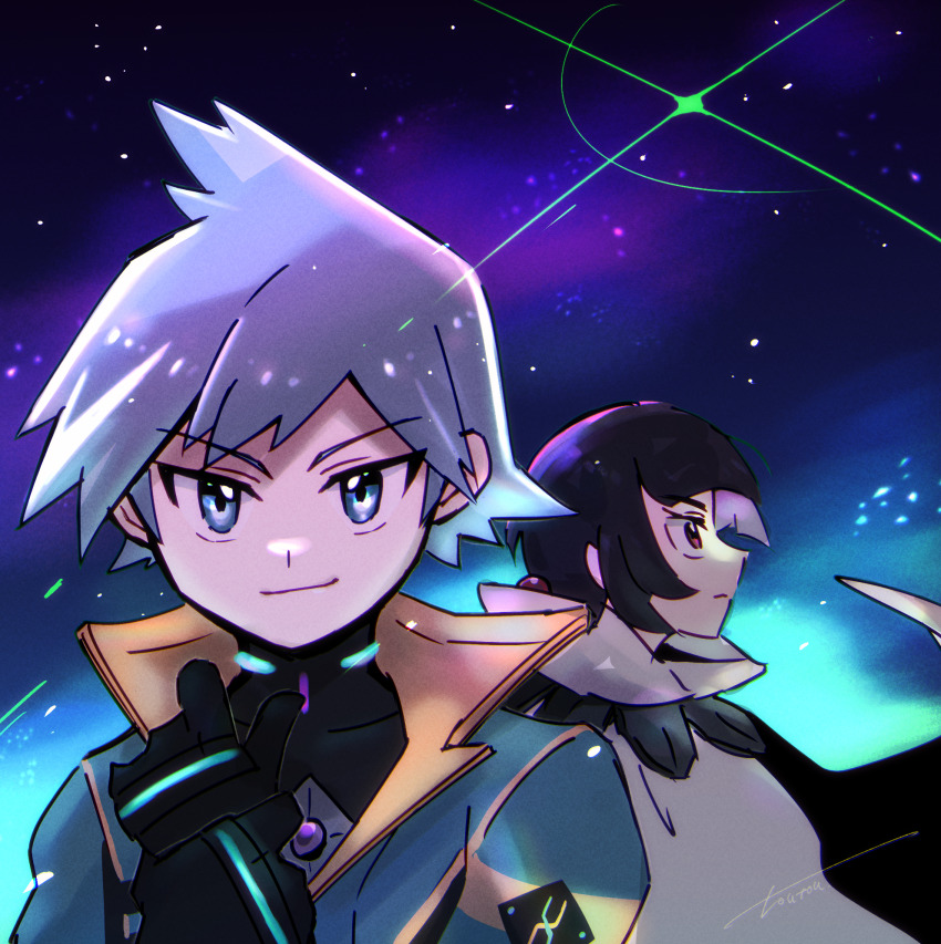 1boy 1girl black_hair blue_eyes blue_hair bodysuit bodysuit_under_clothes cape creatures_(company) game_freak highres looking_at_viewer nintendo official_alternate_costume pokemon pokemon_masters_ex pokemon_oras red_eyes space star_(sky) steven_stone steven_stone_(sygna_suit) toutouart zinnia_(pokemon)