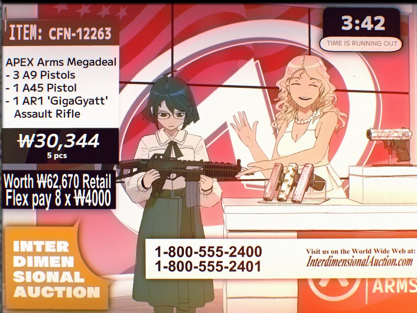 2girls absurdres ahoge assault_rifle black_hair black_neckerchief blonde_hair blue_skirt breasts cleavage collarbone commentary countdown_timer dark-skinned_female dark_skin english_commentary fake_ad fake_screenshot gun handgun highres holding holding_gun holding_weapon long_sleeves multiple_girls neckerchief notfuji original phone_number rifle round_eyewear shirt shirt_tucked_in short_hair skirt watermark weapon web_address white_shirt