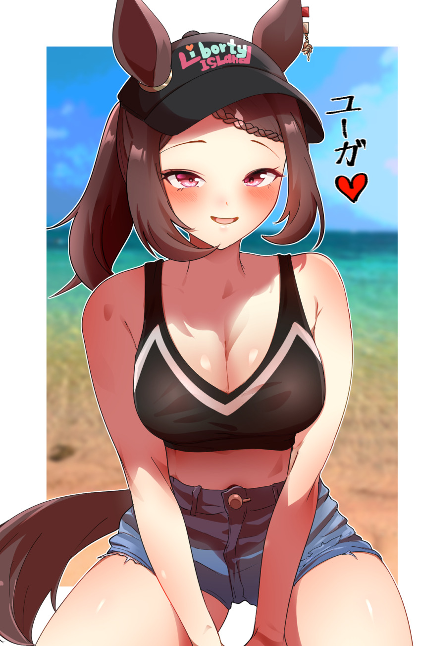 1girl alternate_costume animal_ears beach blurry blurry_background blush breasts cleavage collarbone hair_ornament hat highres liberty_island_(racehorse) medium_breasts medium_hair midriff ocean original ponytail red_eyes shorts smoke_klll solo translation_request umamusume_tanuki