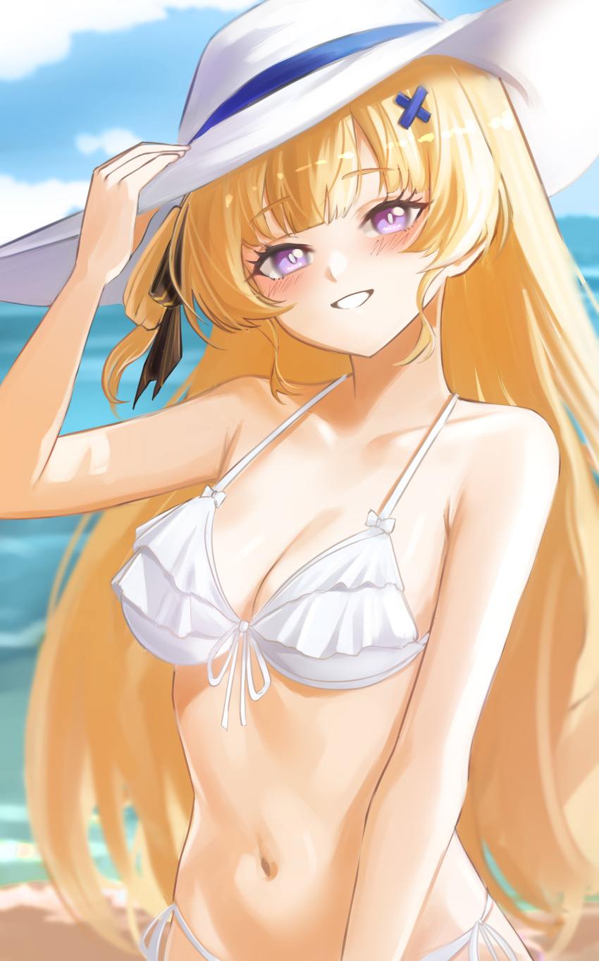 1girl absurdres alternate_costume beach bikini blonde_hair blue_sky breasts cloud collarbone commentary day english_commentary front-tie_bikini_top front-tie_top grin hair_ornament halterneck hat highres looking_at_viewer navel neimu_(neimuru) outdoors phoebe_(wuthering_waves) purple_eyes side-tie_bikini_bottom sky small_breasts smile solo sun_hat swimsuit teeth upper_body white_bikini white_hat wuthering_waves x_hair_ornament