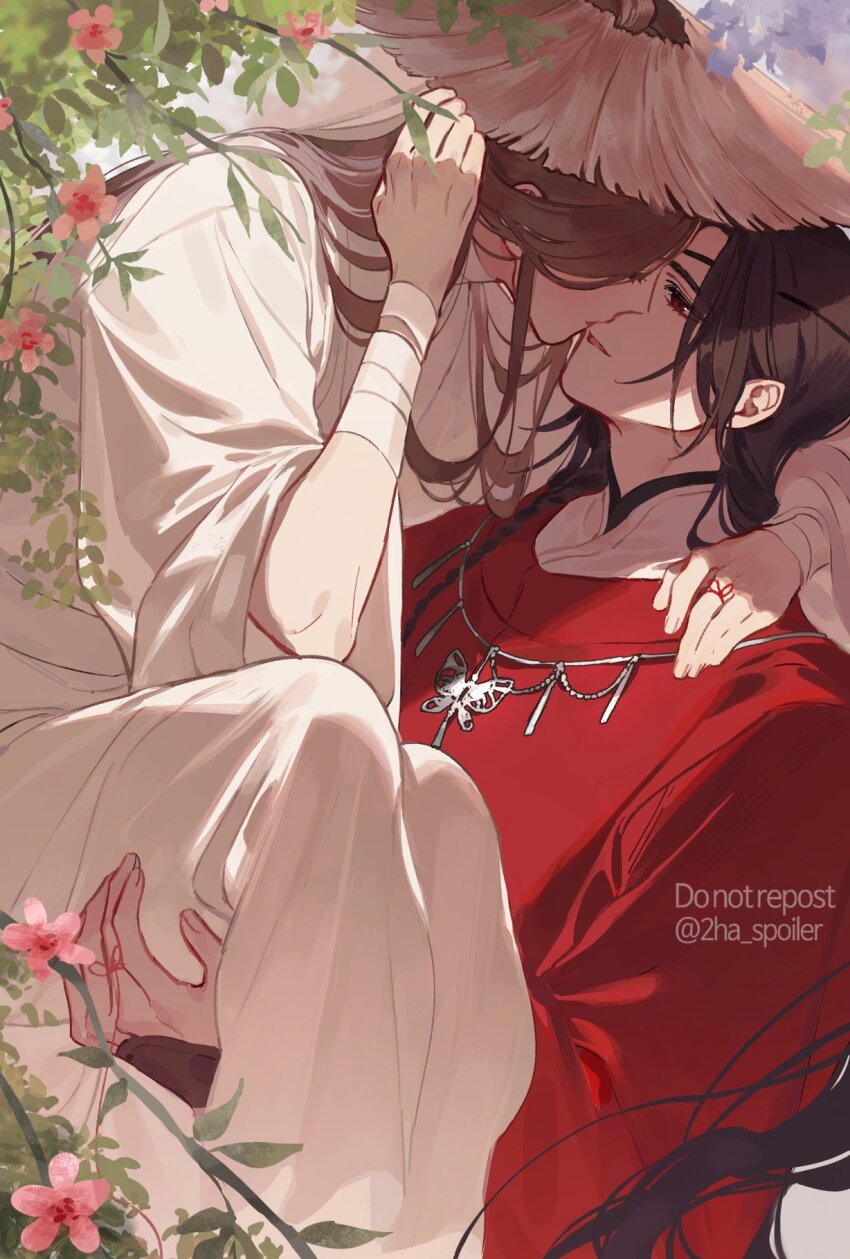 2boys bandaged_arm bandaged_neck bandages bishounen black_hair branch brown_hair butterfly_necklace carrying carrying_person chinese_clothes closed_eyes day eyepatch floral_background flower galbae hanfu hat highres hua_cheng jewelry leaf long_hair looking_at_another male_focus multiple_boys necklace outdoors pink_flower pointy_ears red_eyes red_hanfu red_robe robe straw_hat string string_around_finger string_of_fate tianguan_cifu white_hanfu white_robe xie_lian yaoi