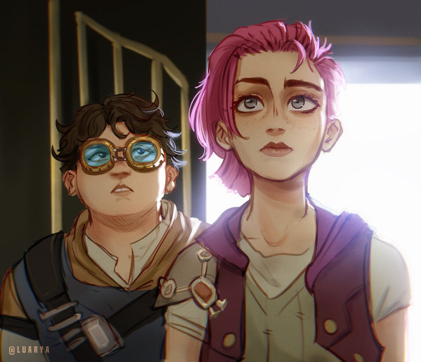 1boy 1girl arcane:_league_of_legends arcane_vi backlighting brown_hair brown_lips claggor_(arcane) commentary derivative_work english_commentary grey_eyes highres league_of_legends looking_up luarya parted_lips pink_hair purple_vest screenshot_redraw short_hair side_cut single_shoulder_pad twitter_username vest vi_(league_of_legends)