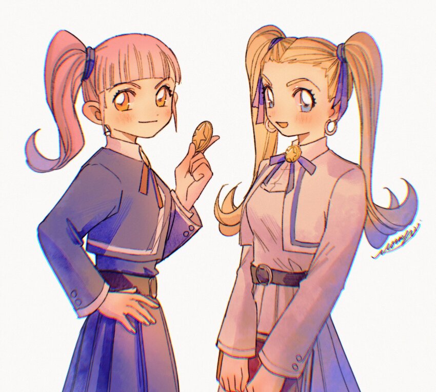 2girls blonde_hair blue_dress blue_eyes blue_ribbon blunt_bangs chinese_commentary commentary_request dragon_quest dragon_quest_builders_2 dragon_quest_xi dress earrings female_builder_(dqb2) hair_ribbon highres holding_medal hoop_earrings in-franchise_crossover jewelry mouyi multiple_girls neck_ribbon open_mouth pink_hair red_ribbon ribbon ruru_(dqb2) school_uniform side_ponytail signature star_(symbol) twintails white_background white_dress yellow_eyes