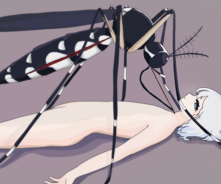 1girl absurdres animal blood_sucking blue_eyes bug closed_mouth completely_nude flat_chest half-closed_eyes highres igarashi_fry_pan_(igarasifly) insect lying mosquito no_nipples nude on_back original oversized_animal short_hair simple_background solo very_short_hair white_hair