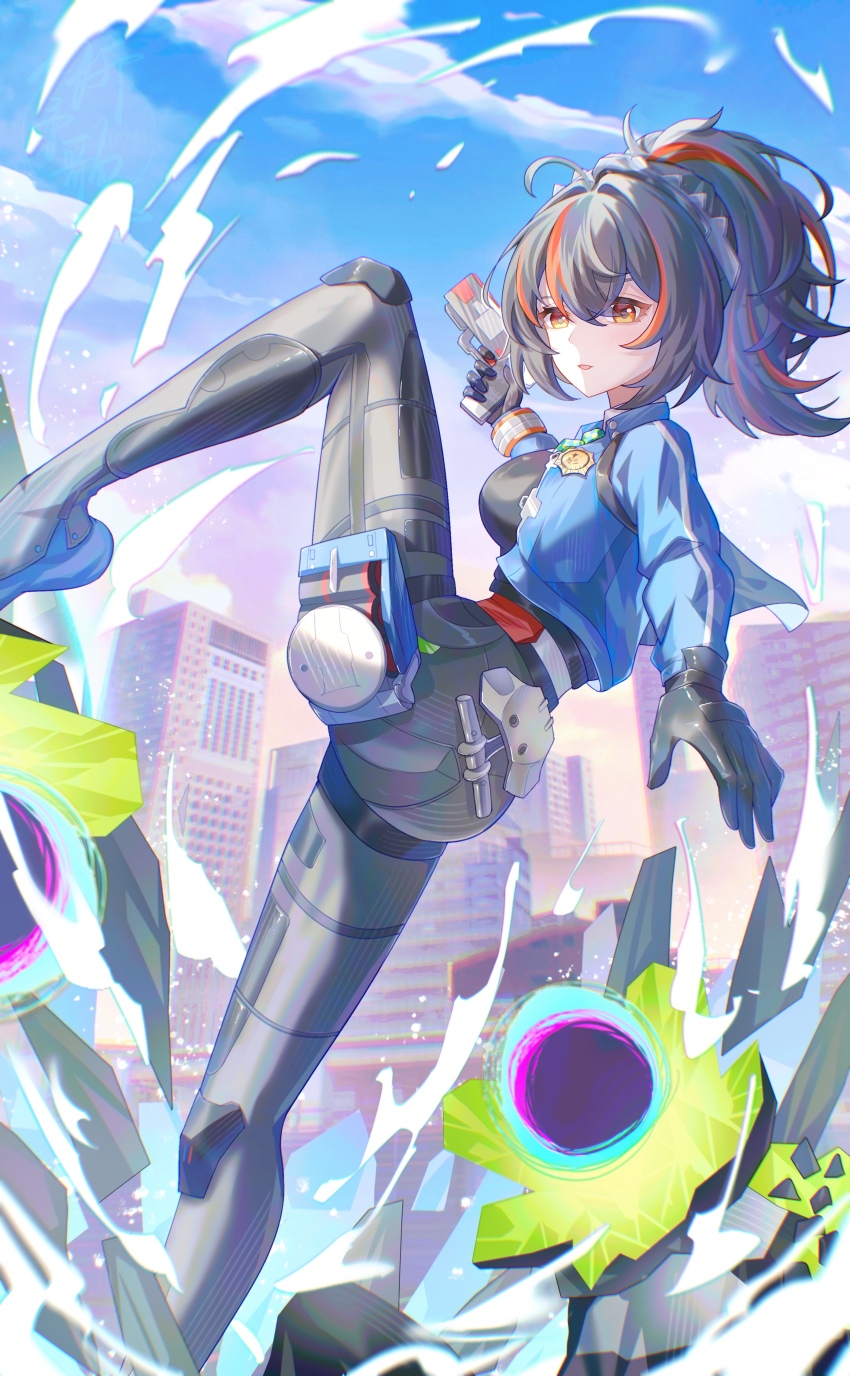 1girl absurdres aqinorz black_gloves black_hair blue_footwear blue_jacket blue_sky breasts city ethereal_(zenless_zone_zero) gloves handlebar high-waist_pants highres holster jacket knee_up large_breasts metal_hairband multicolored_hair pants parted_lips police police_badge police_uniform policewoman ponytail red_eyes red_hair shoulder_holster sky solo streaked_hair tight_clothes tight_pants zenless_zone_zero zhu_yuan