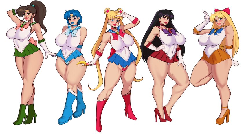 5girls aino_minako bare_shoulders bishoujo_senshi_sailor_moon black_hair blonde_hair blue_eyes blue_hair bow breasts brown_hair gloves green_eyes hino_rei huge_breasts jakuson_z kino_makoto leotard leotard_peek lips long_hair microskirt mizuno_ami multiple_girls ponytail red_bow sailor_jupiter sailor_mars sailor_mercury sailor_moon sailor_venus short_hair skirt sleeveless standing standing_on_one_leg thick_thighs thighs tsukino_usagi very_long_hair white_background